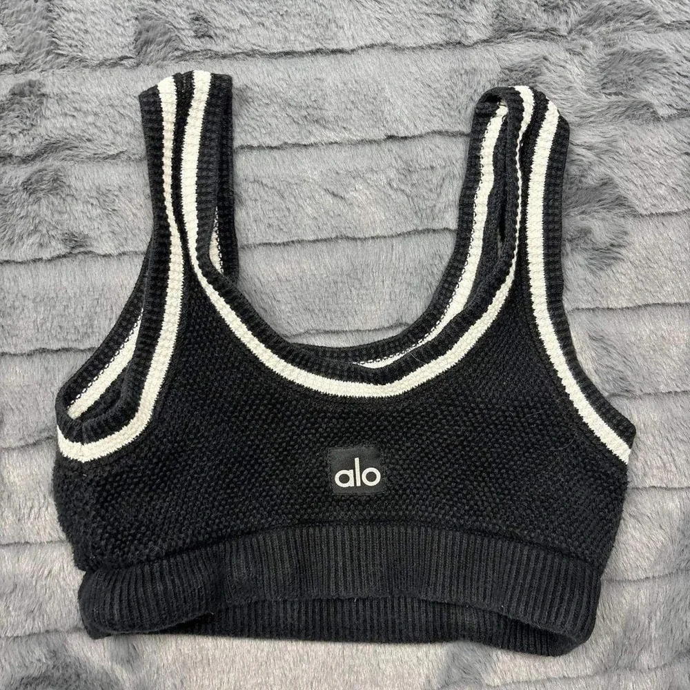 Alo Yoga Women Black Ivory Striped Textured Knit Cropped Sweater Tank Top Logo